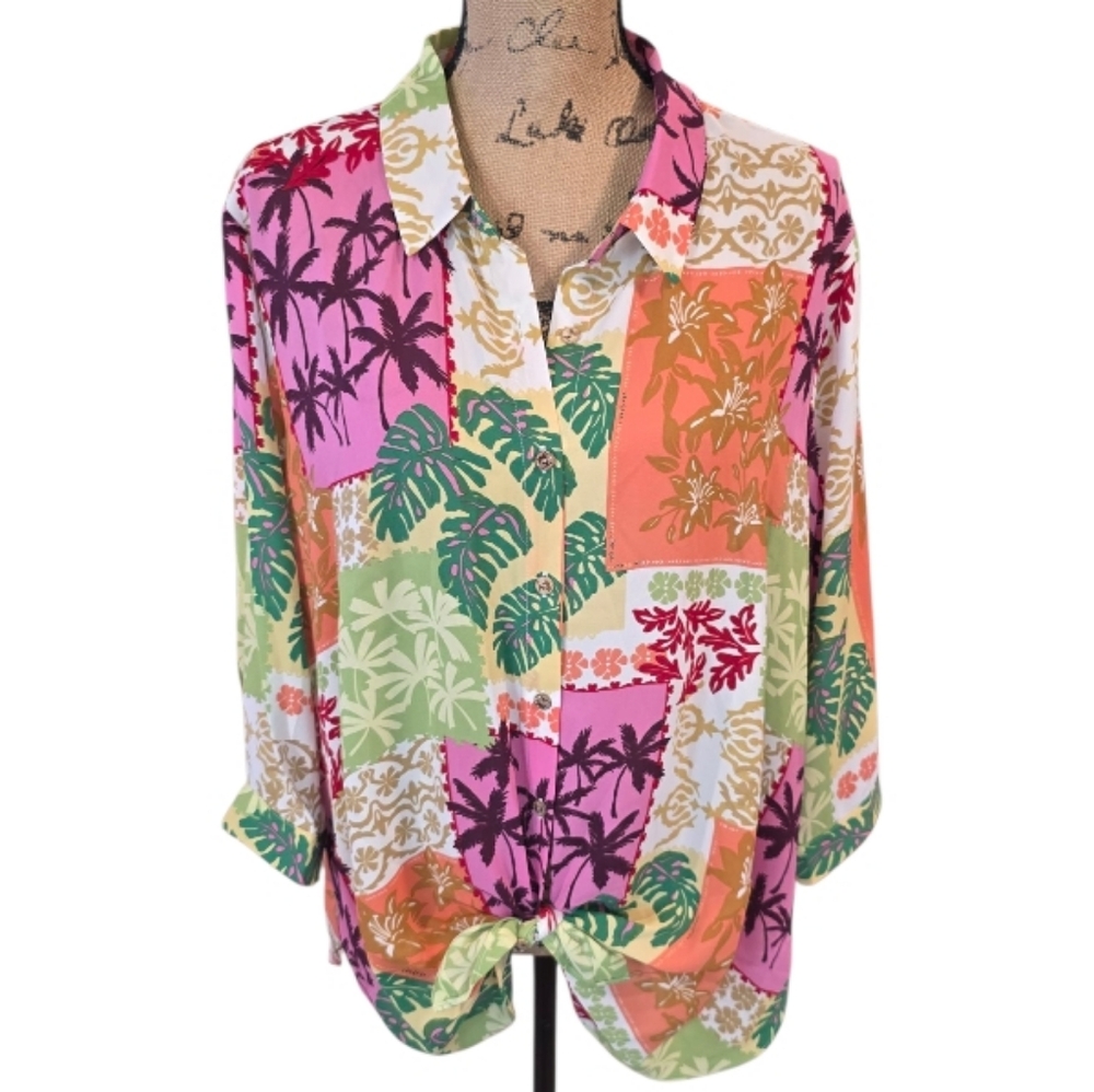 Rose & Olive Colorful Tropical Patchwork Print Button Down Shirt Plus Size 2X